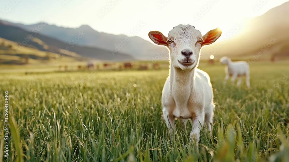 Fototapeta premium Young goat grazing in sunlit meadow with distant lamb and mountain backdrop
