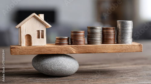 Refinance concept ,Wooden house balance coins savings mortgage refinance budget economy finance investment money property home