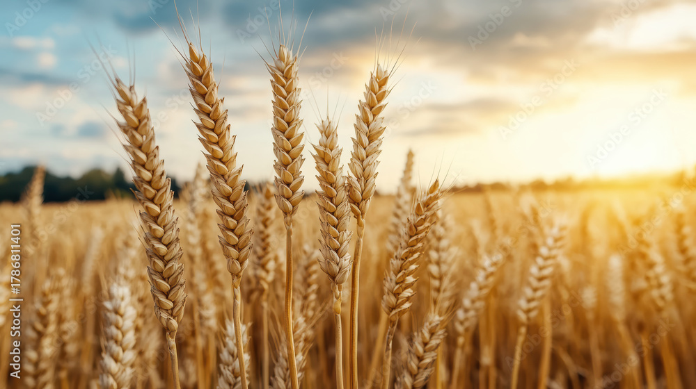 Fototapeta premium Golden wheat field wheat cereal sunset sunlight agriculture crop rural harvest stalk