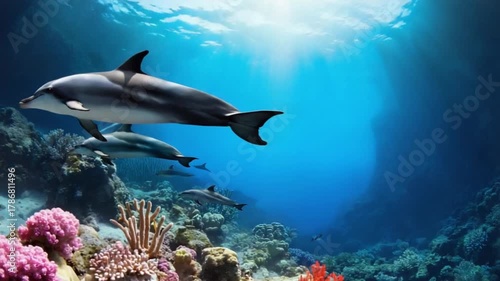 A pod of dolphins swimming near a colorful coral reef in the clear blue ocean water scene dolphin video