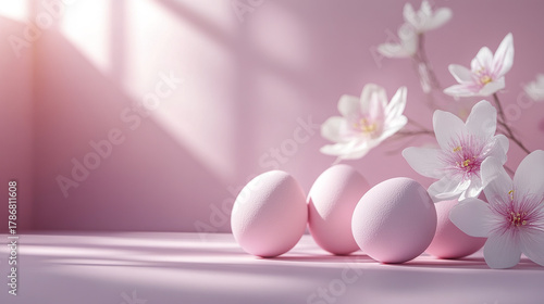 Wallpaper Mural Soft pink Easter eggs with delicate white and pink flowers create minimalist and peaceful spring scene with gentle sunlight and shadows on clean background Torontodigital.ca