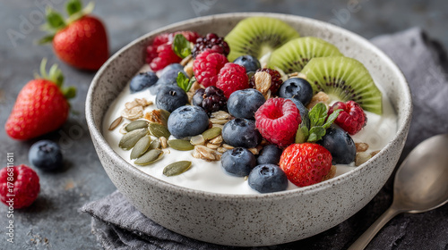 Gut Healthy concept ,Fresh yogurt fruit granola blueberry raspberry strawberry kiwi seeds healthy breakfast bowl