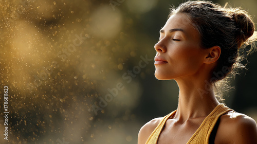 Vitamin D supplementation concept , woman meditating sunlight serene outdoor summer golden bokeh mindfulness calm