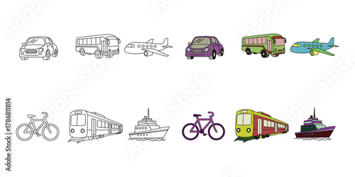 Collection of cartoon vehicles including cars buses airplanes trains and boats automobile