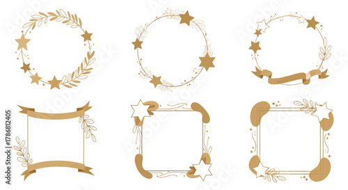 A beautiful collection of six elegant gold decorative frames and wreaths featuring stars, leaves, and ribbons for celebratory designs