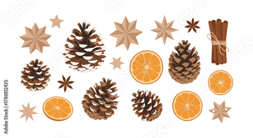 Festive winter holiday decorations featuring pine cones, star ornaments, dried orange slices, and cinnamon sticks, perfect for seasonal crafts and festive arrangements