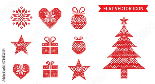 A set of pixel art Christmas holiday icons featuring a traditional Nordic or Scandinavian sweater pattern including a tree, snowflake, and gift