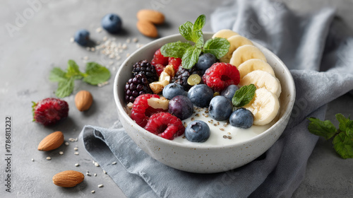 Gut Healthy concept ,Berry yogurt bowl banana chia seed almond mint breakfast healthy rustic