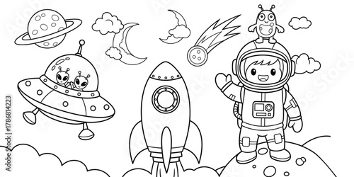 Cute cartoon astronaut waving next to rocket and aliens in U F O space