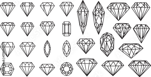Black Outline Diamond and Gemstone Cut Shapes Vector Collection