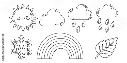 Cute cartoon sun cloud rain snowflake rainbow leaf icons for weather and seasons vector