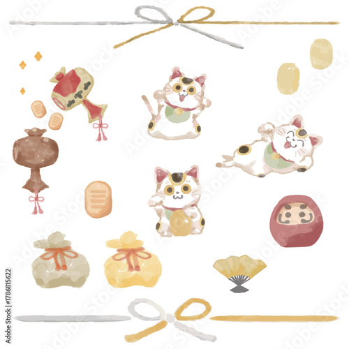 水彩の縁起物イラストセット（商売繁盛・開運・招福）