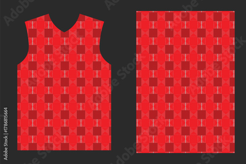 A vibrant red checkered pattern displayed on a sleeveless top and a rectangular fabric swatch against a dark background