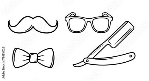 Line art illustration of mustache, glasses, bow tie, and straight razor.