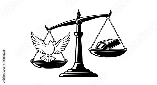 Illustration of scales with a dove on one side and gold bars on the other.