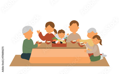 お節料理を楽しむ三世代家族のイラスト