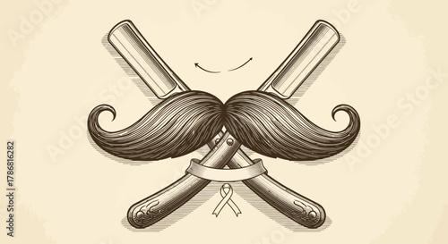 Illustration of crossed straight razors with a mustache and a ribbon.