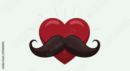 A red heart with a large, dark mustache attached to the center of it.