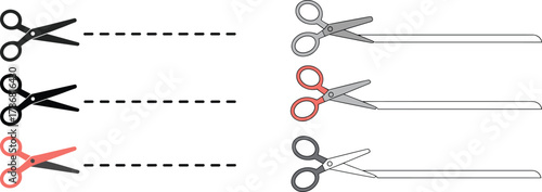 Scissors icon set, cutting concept, dashed line graphic, paper trim, black silhouette, colorful scissors, craft tool, design symbol
