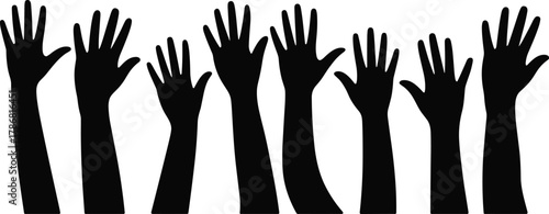 Raised hand silhouettes, participation icons, unity gesture, voting symbol, black forearm figures, group engagement, attention signal, white background