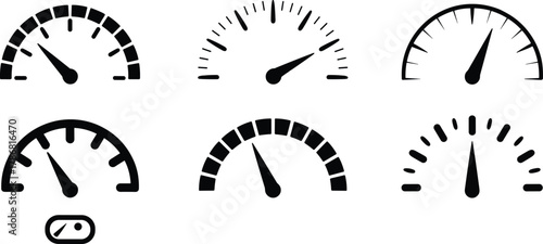 Gauge icons, speedometer symbols, measurement graphics, dashboard UI elements, black silhouette set, needle indicators, control panel visuals
