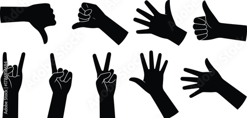 Hand gesture icons, black silhouette set, expressive finger signs, communication symbols, cultural meaning graphics, body language illustrations
