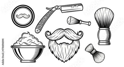 Vintage barber shop tools and elements in black and white illustration.