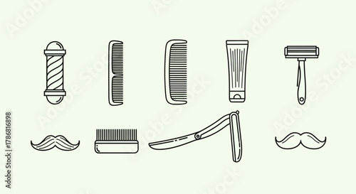 Barber shop icons: pole, combs, cream, razor, and mustaches.