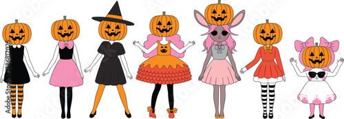 Halloween pumpkin head characters, spooky costume fashion, festive cartoon figures, seasonal illustration, trick or treat icons, playful holiday design