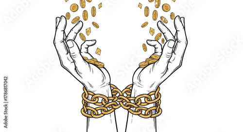Hands chained with gold, coins falling from above, vector illustration.