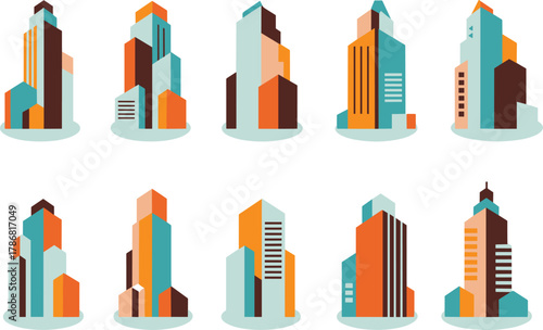 Modern skyscraper illustrations, high-rise building icons, urban architecture pack, geometric city structures, colorful towers, real estate design, skyline graphics