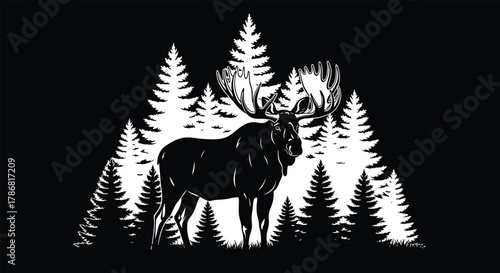 Moose silhouette in forest, black and white wildlife art, conifer trees, nature scene, dramatic contrast, outdoor adventure, peaceful landscape