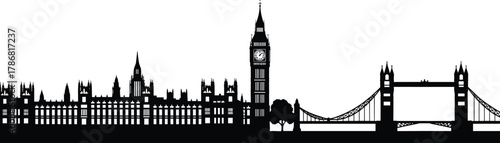 London skyline silhouette, Big Ben, Tower Bridge, Palace of Westminster, UK landmarks, British architecture, black vector art, historic cityscape
