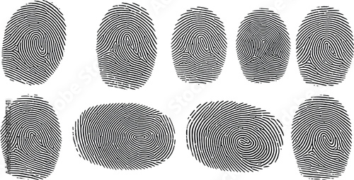 Fingerprint grid illustration, biometric patterns, forensic identification, black and white texture, unique ridges, security scan, identity verification art
