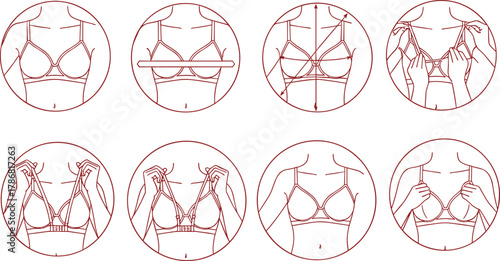 How to wear a bra, step-by-step guide, red line illustration, minimalist fashion tutorial, lingerie fitting process, cartoon torso sequence