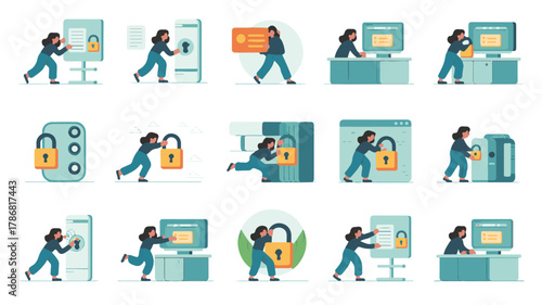 Person interacting with digital security elements illustration flat design