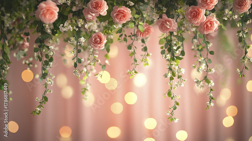 Pastel pink wedding backdrop with hanging rose flowers and green leaves, soft bokeh lights create romantic and elegant atmosphere for celebration or event decoration