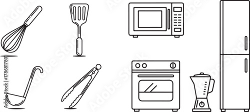 Clean Minimalist Black Line Kitchen Appliances and Utensils Icons