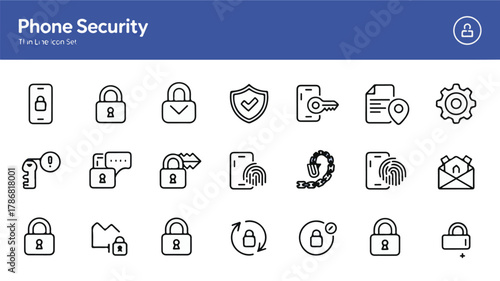 Phone security icons set digital protection symbols lock shield