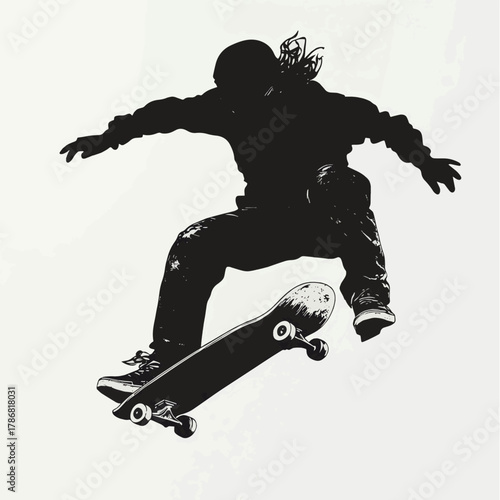 Silhouette of skateboarder performing tricks and riding   , vector style simple color