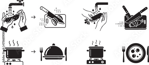 Monochromatic Cooking Process Icons in Solid and Outline Styles
