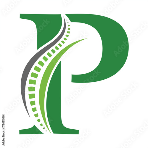 Green letter P logo with spinal column graphic and flowing lines spine