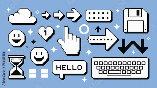 Pixel art icons cloud floppy disk keyboard smiley faces arrows vector