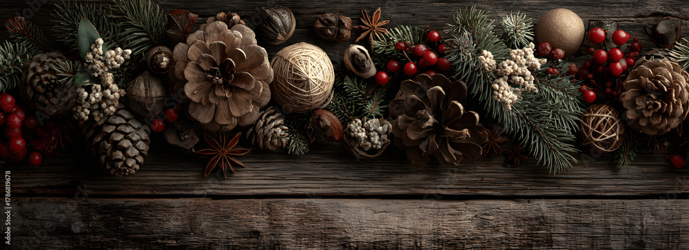 Fototapeta premium christmas wooden natural decoration ornament wide horizontal banner with copyspace