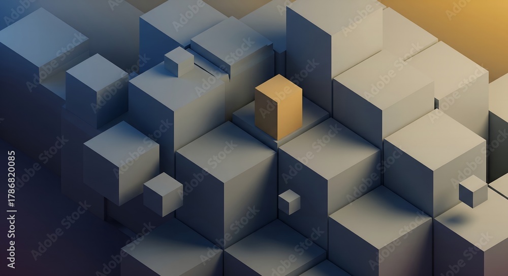 Fototapeta premium Minimalist 3D abstract composition featuring a cluster of gray geometric cubes with a single contrasting gold block and soft directional lighting