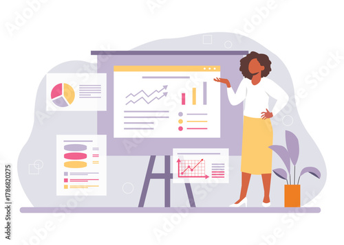 A woman is doing a presentation, training, progress report. Stock Illustration