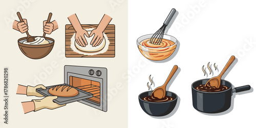 Clean Vector Illustrations of Cooking and Baking Stages and Utensils