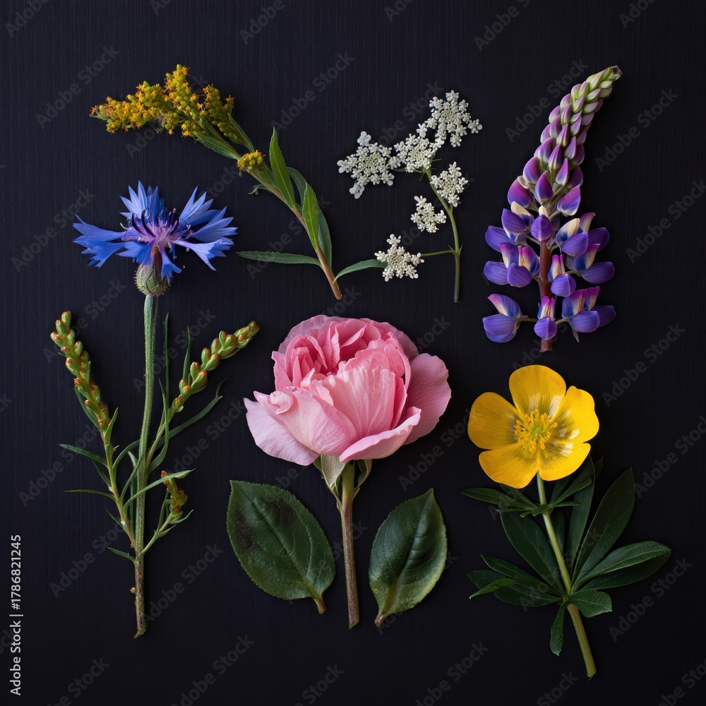Obraz premium Diverse Floral Collection on Dark Background