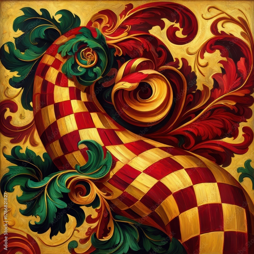 Fototapeta premium Ornate Gold Red Green Checkerboard Abstract Pattern