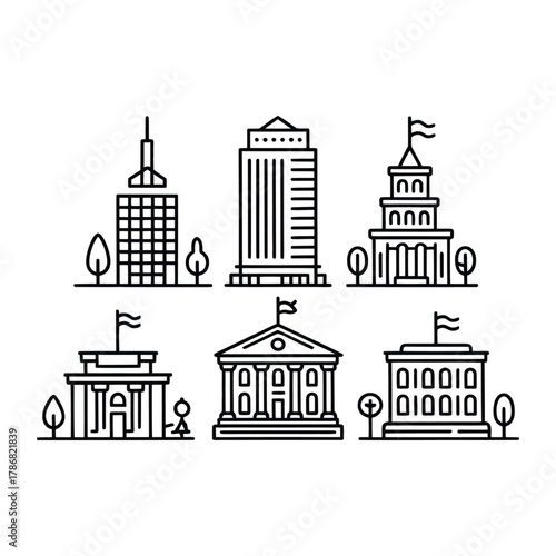 Set of six line art buildings including skyscrapers and classical architecture government building